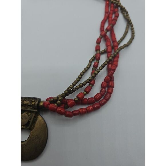 Vtg Southwestern Native American Brass Pendant Red Beads 18" - Picture 7 of 10
